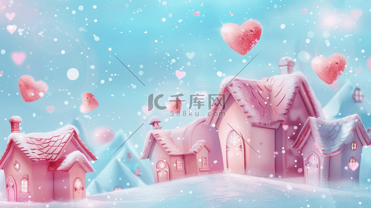 雪地上粉色小房子和心形气球插画