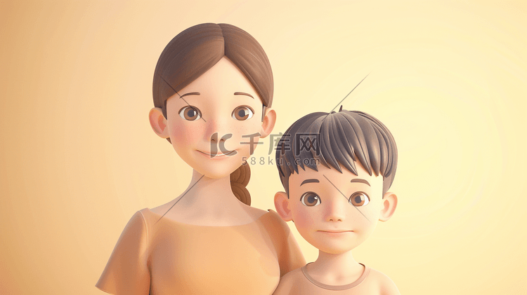 3D妈妈和孩子幸福合照插画