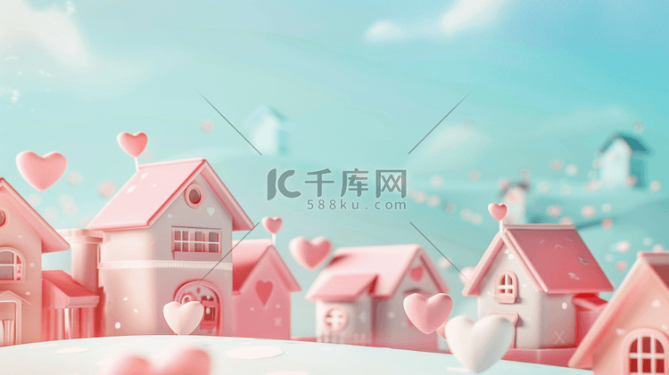雪地上粉色小房子和心形气球插画