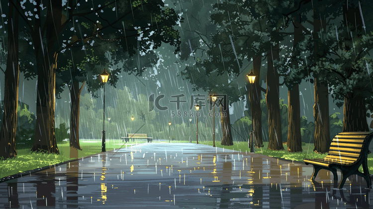 雨中森林公园步道插画