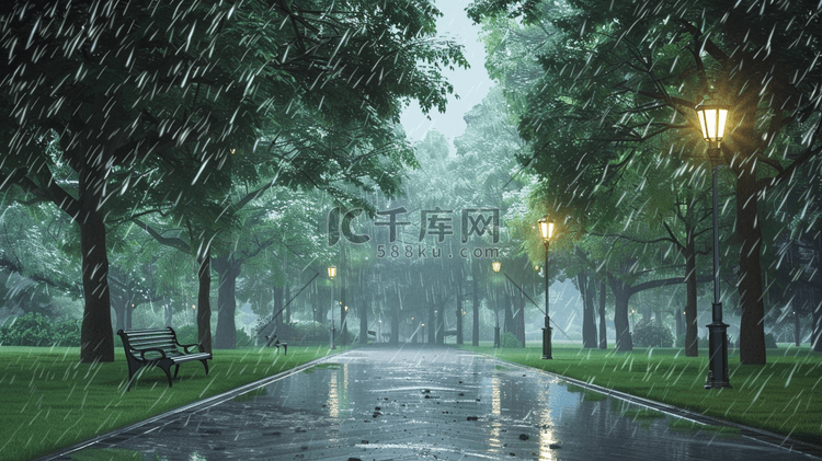 雨中森林公园步道插画