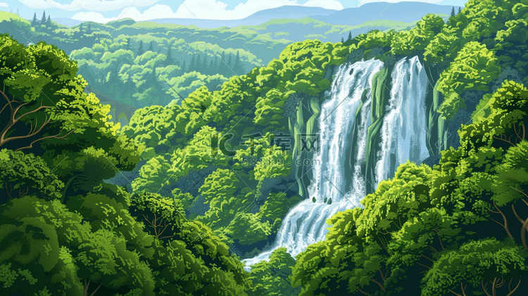 夏季茂密的森林里的瀑布插画