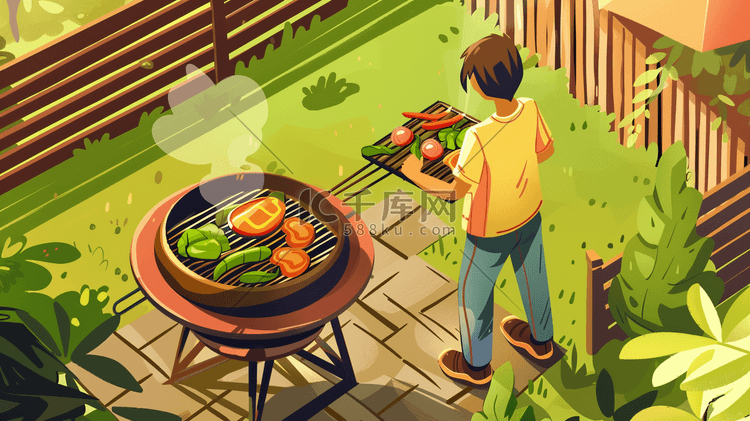 自家花园里烧烤食物插画