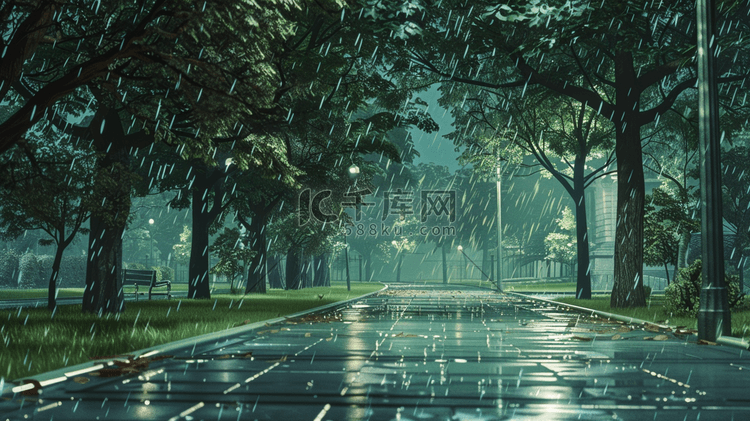 雨中森林公园步道插画