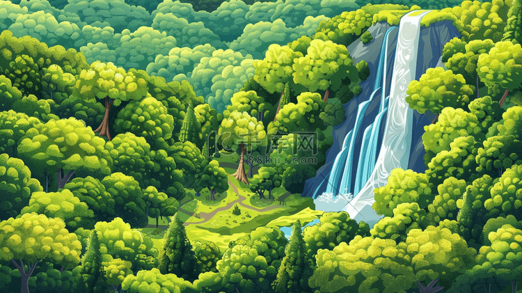 夏季茂密的森林里的瀑布插画