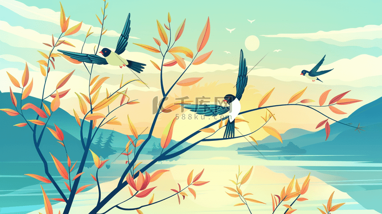 春天湖泊旁枝叶上的小鸟插画