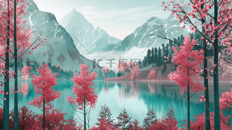 粉色鲜花盛开的雪山湖泊插画