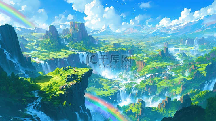 郊外美丽的彩虹瀑布插画海报
