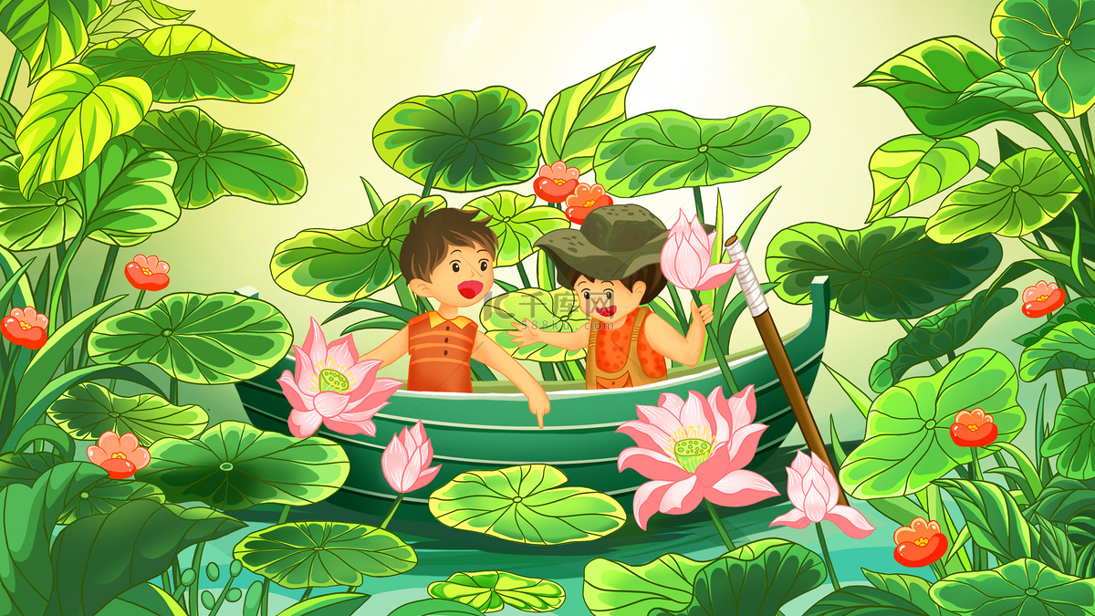 戏水 夏日荷塘儿童戏水素材插画图片_千库网(插画id:351422)