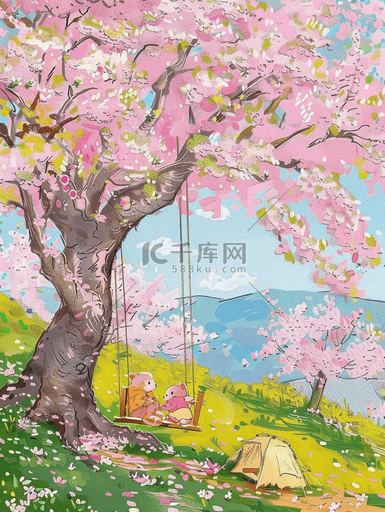 盛开樱花唯美手绘插画海报风景