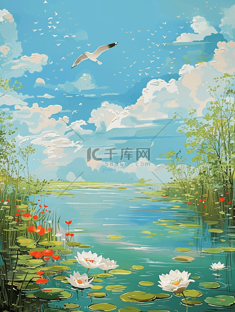 夏季手绘荷花池塘荷花荷叶海报插画海报