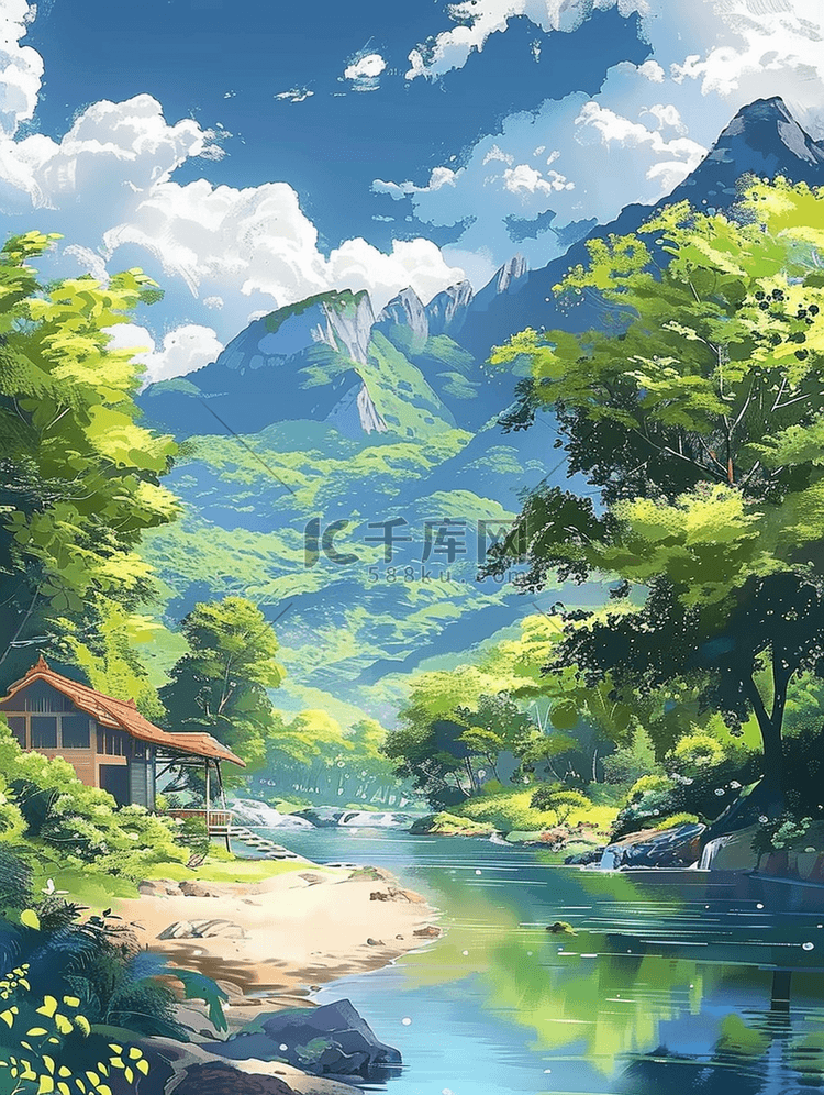 夏季山峰树木河水手绘插画海报