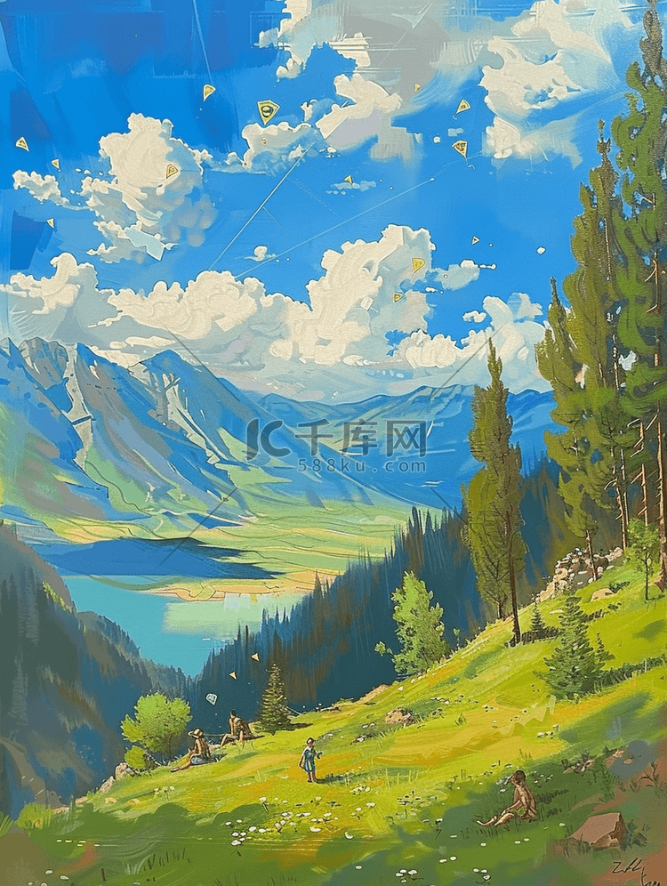 手绘夏季河流山川树木风景插画