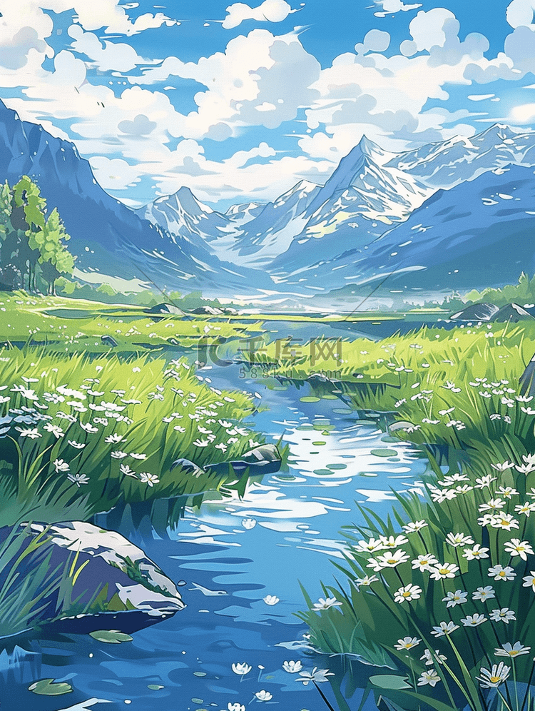 小溪草地小花手绘夏天插画海报