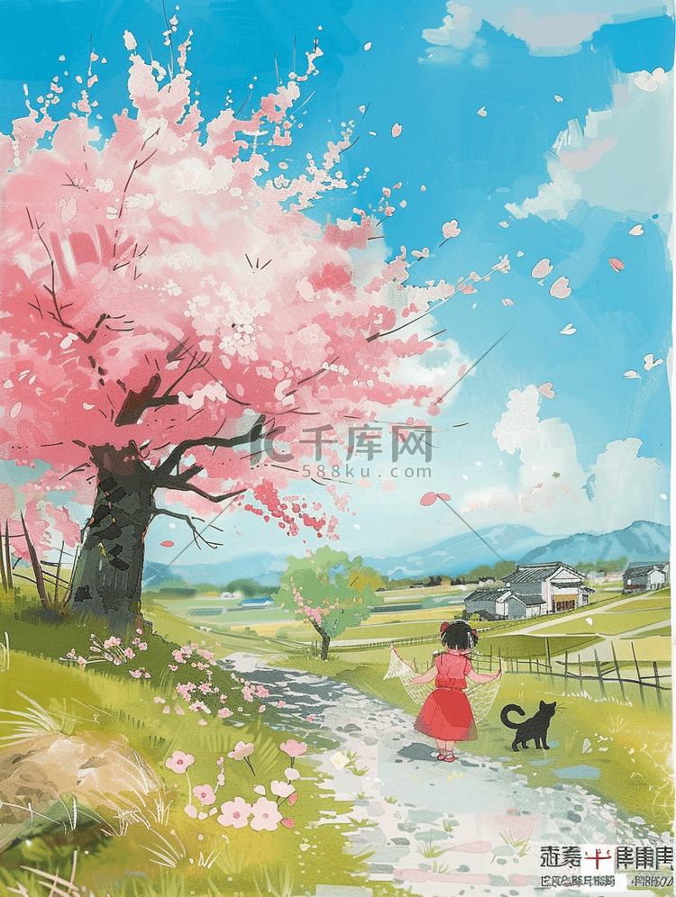 手绘夏季唯美樱花树孩子玩耍插画海报