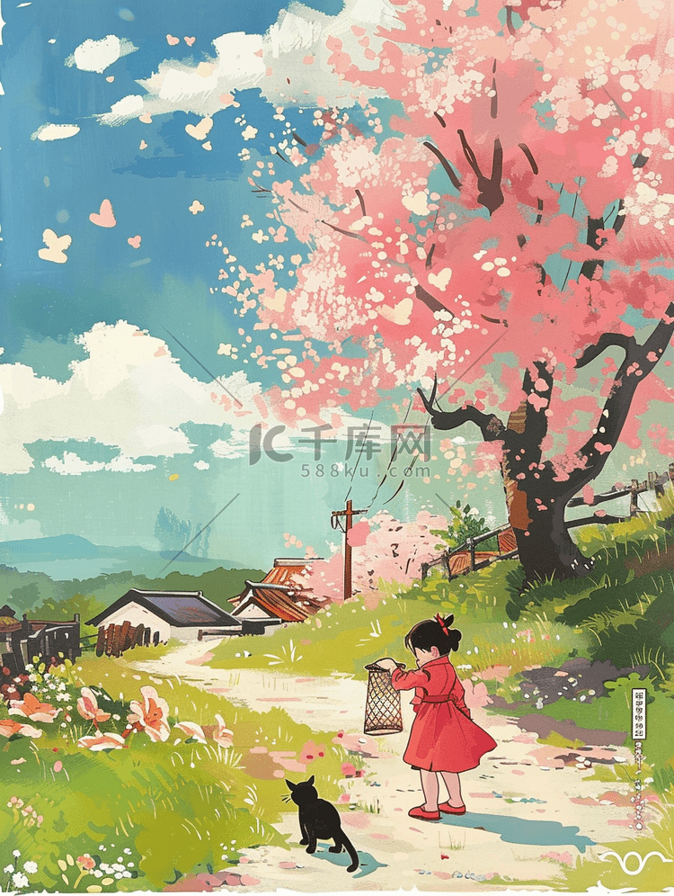 夏季唯美樱花树孩子玩耍插画手绘海报