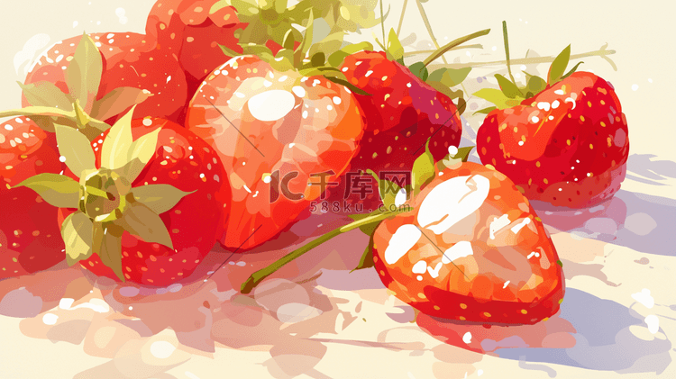 绘画红色水果草莓树叶的插画