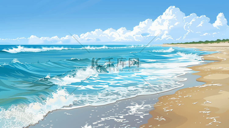 唯美蓝天白云沙滩海水树木的插画