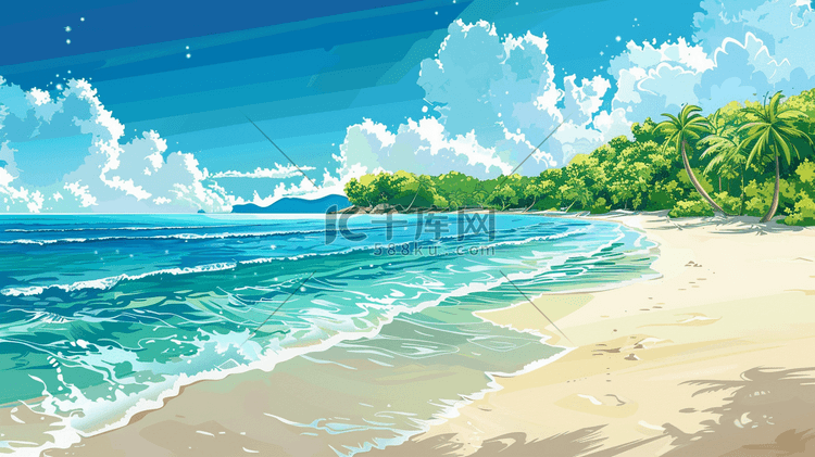 唯美蓝天白云沙滩海水树木的插画