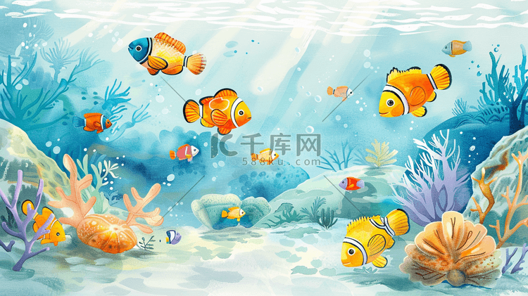 绘画海底世界水草海藻小鱼的插画