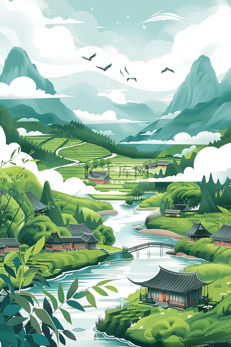 夏季山河水彩手绘海报插画