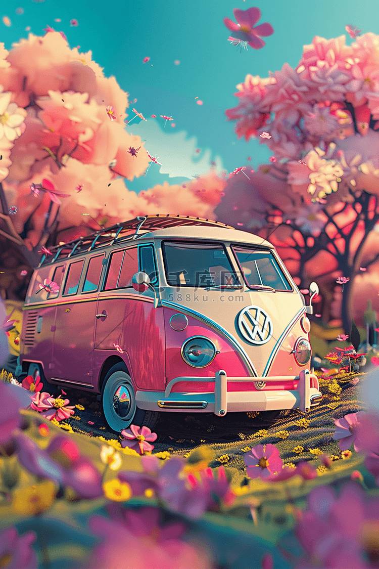 夏天粉色樱花中巴士车手绘插画海报