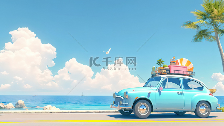 夏日海边复古汽车插画图片