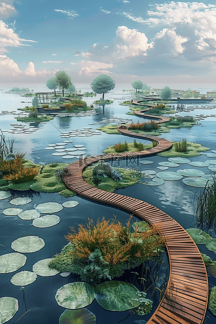 夏季池塘木桥荷叶手绘插画海报