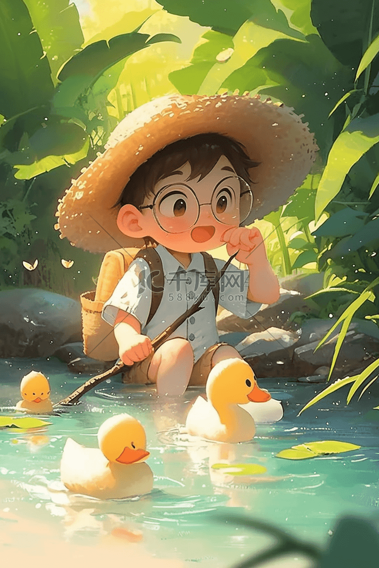 可爱男孩池塘手绘插画夏季海报