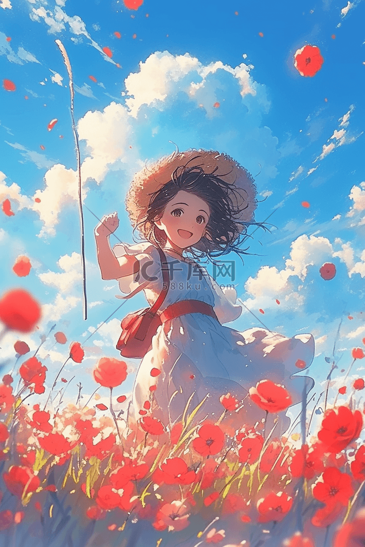 花海女孩夏季唯美手绘插画