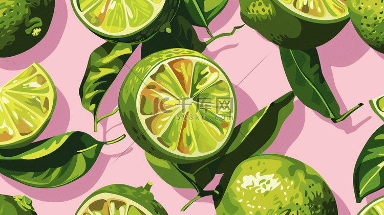 粉色场景绿色水果柠檬的插画