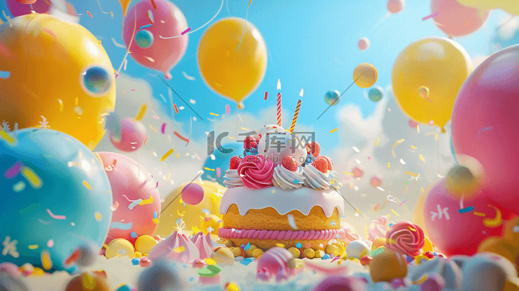 唯美缤纷梦幻惊喜生日蛋糕气球的插画