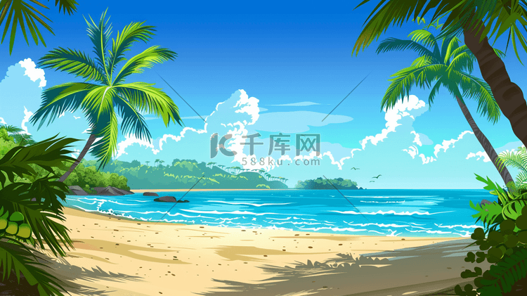 绘画唯美海面海边树木风景躺椅遮阳伞的插画