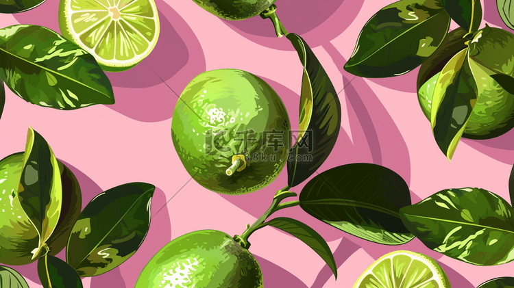 粉色场景绿色水果柠檬的插画