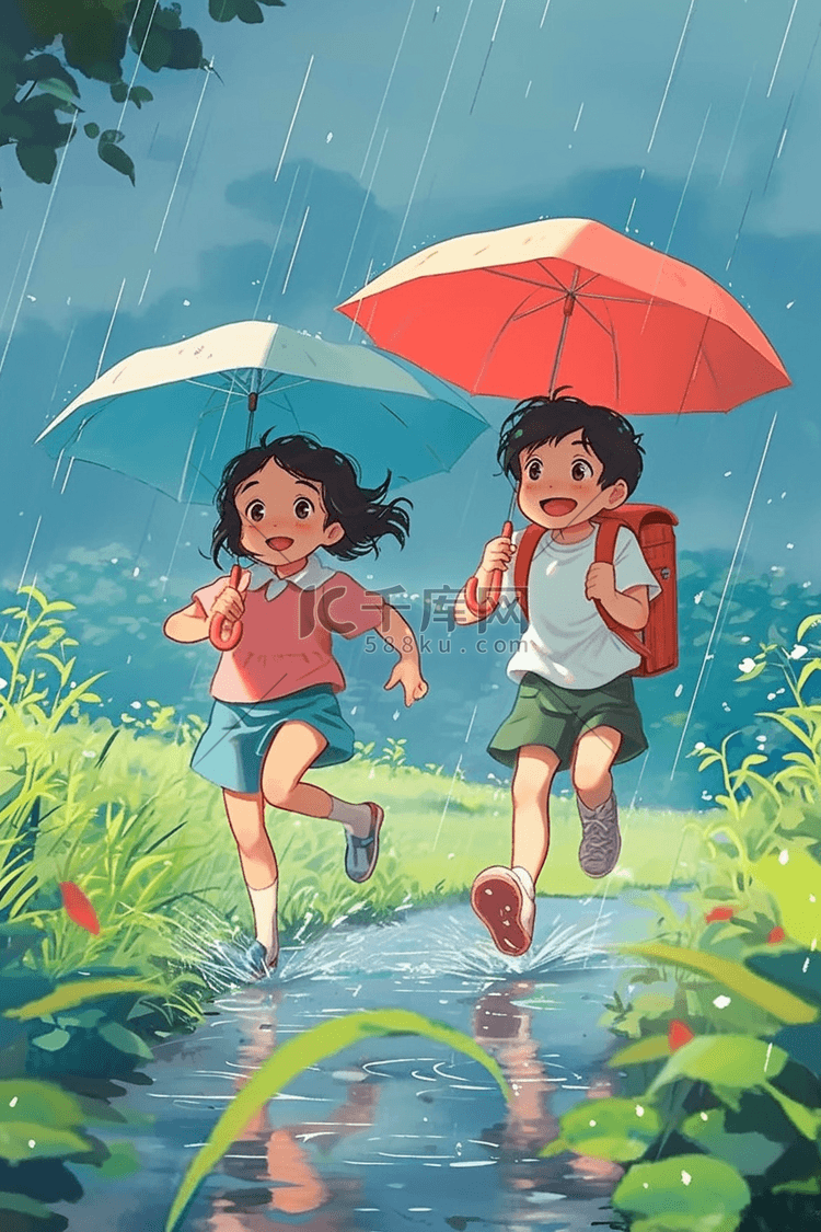 夏季雨天手绘孩子玩耍海报插图