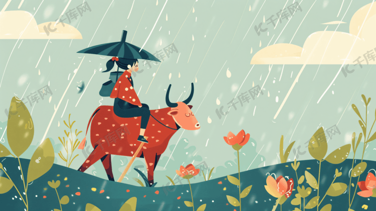 雨中骑着牛的儿童插画9