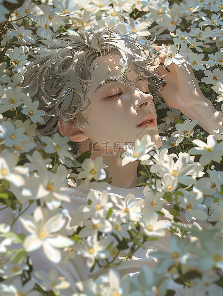 白色花朵中睡觉的动漫男孩插画设计