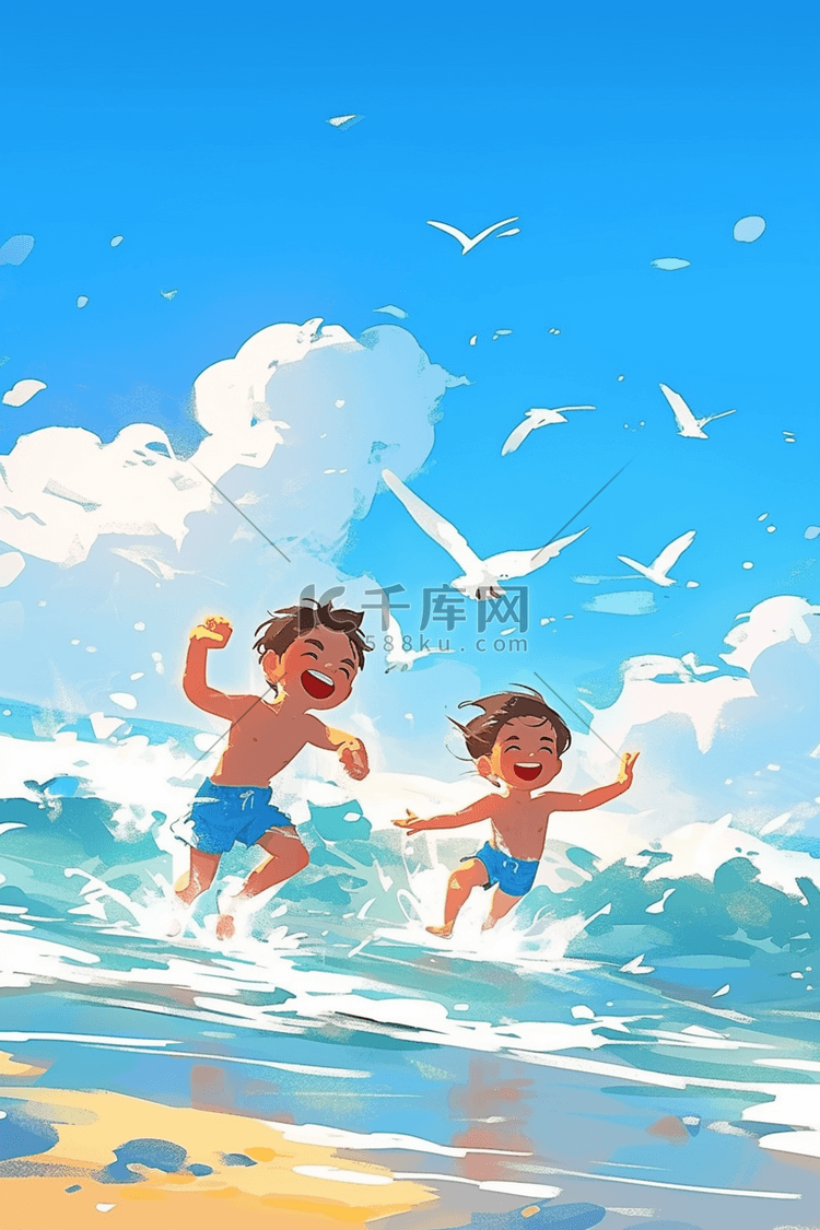 可爱孩子海边奔跑手绘插画夏季