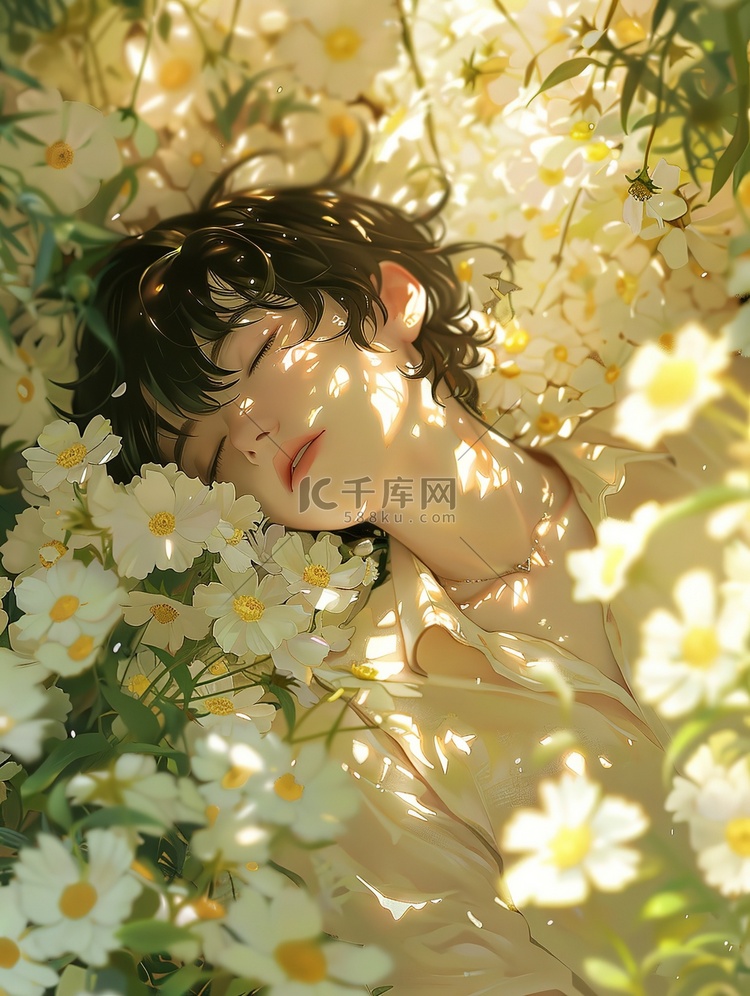 白色花朵中睡觉的动漫男孩插画海报