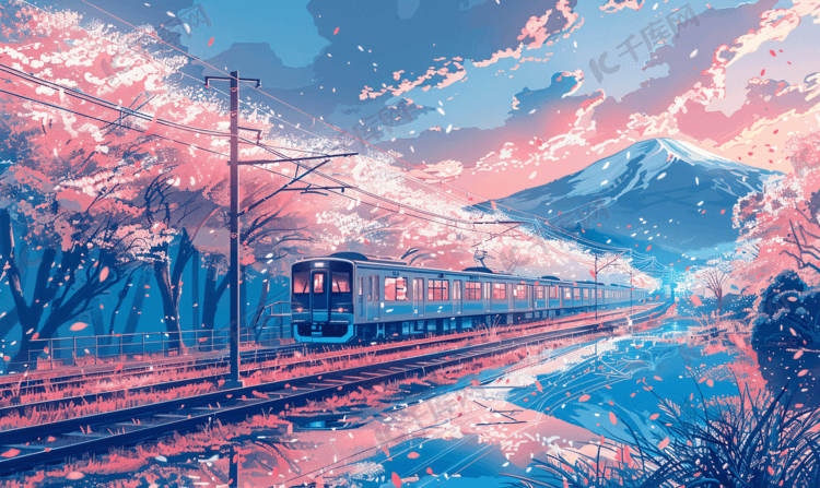 春天的列车樱花插画6