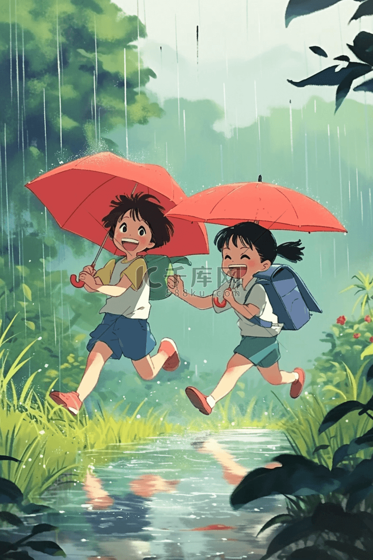 雨天孩子玩耍夏季手绘海报插图