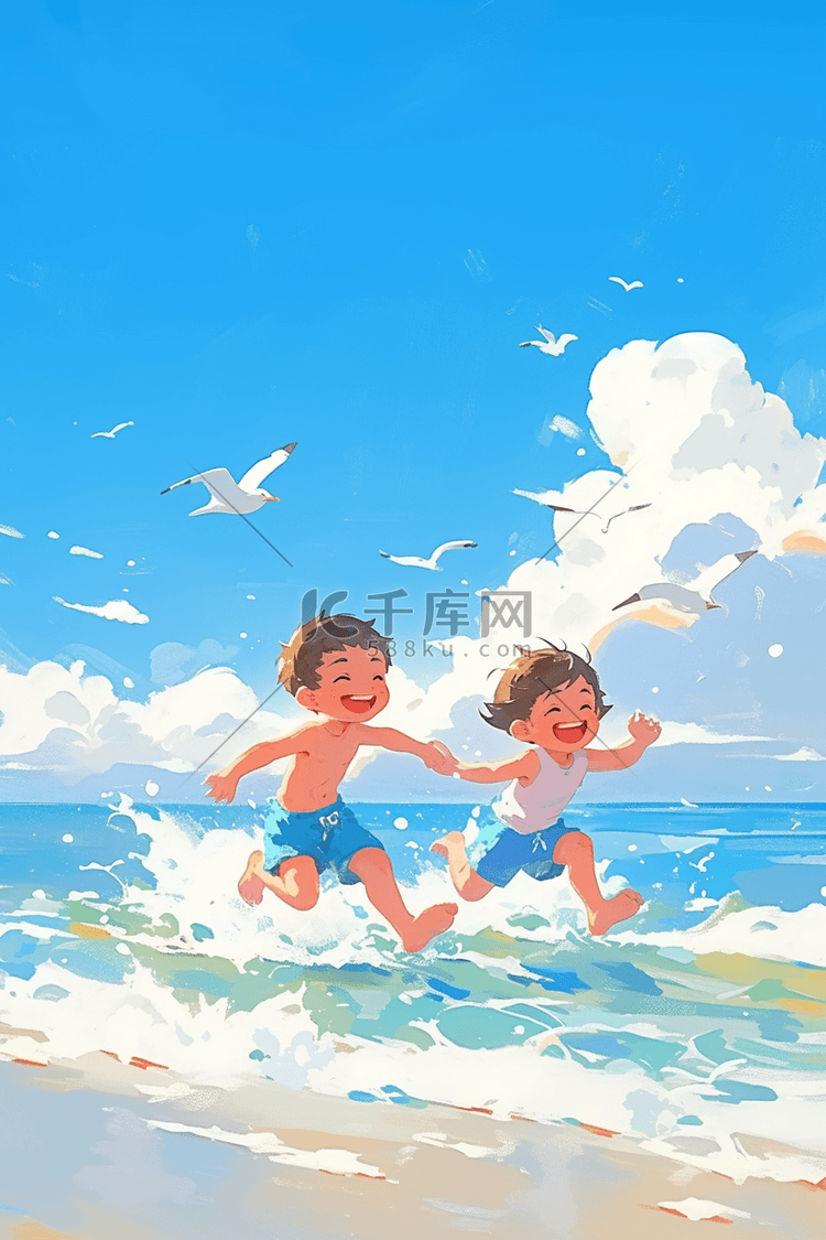 夏季可爱孩子海边奔跑手绘插画