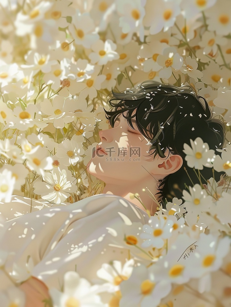 白色花朵中睡觉的动漫男孩图片
