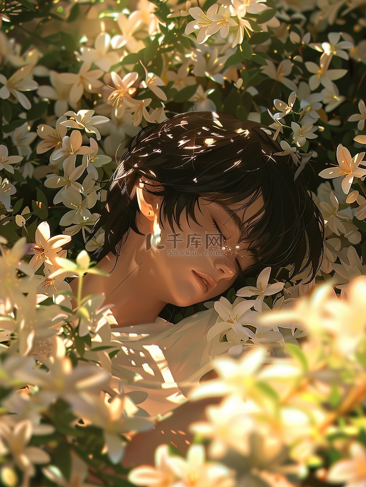 白色花朵中睡觉的动漫男孩插画图片