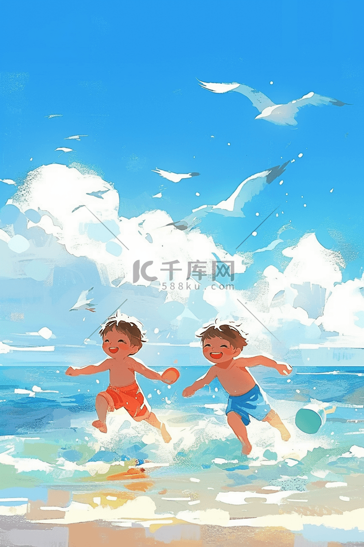 手绘夏季可爱孩子海边奔跑插画