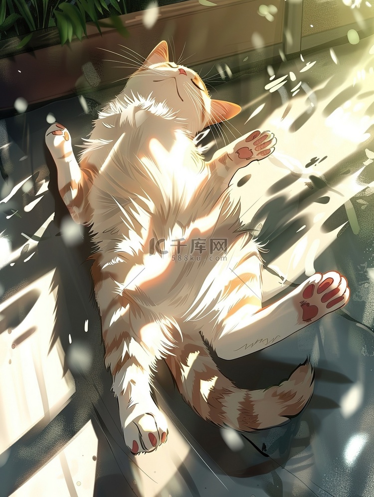 猫在午后的阳光睡觉插画设计