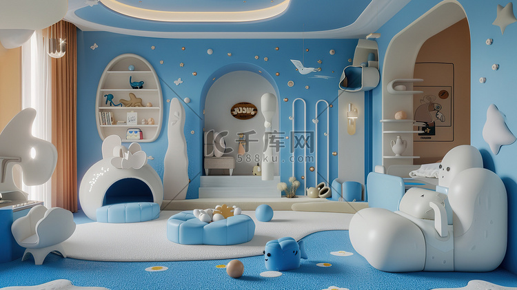 蓝色卡通儿童的房间插画设计
