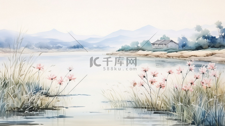 中国湖泊浓墨水墨画插画图片