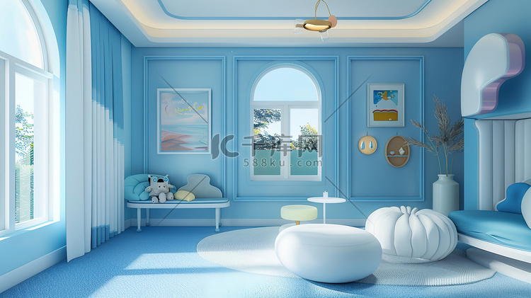 蓝色卡通儿童的房间插画图片