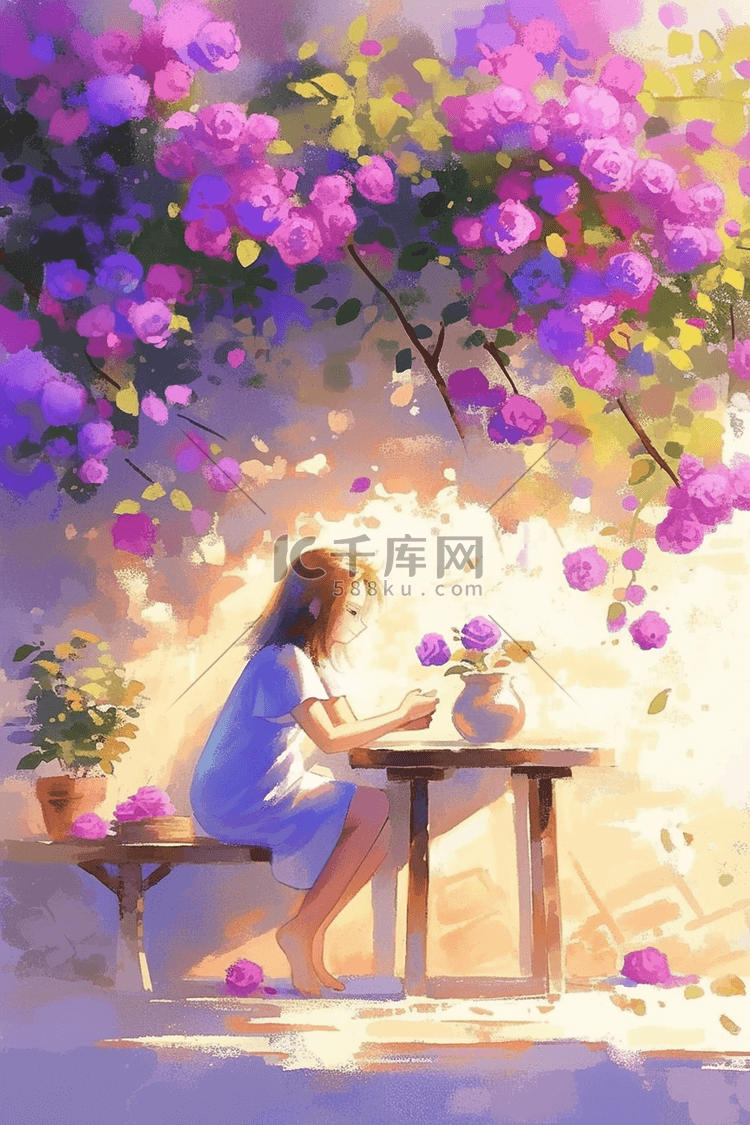 唯美紫色夏季蔷薇女孩手绘海报插画素材